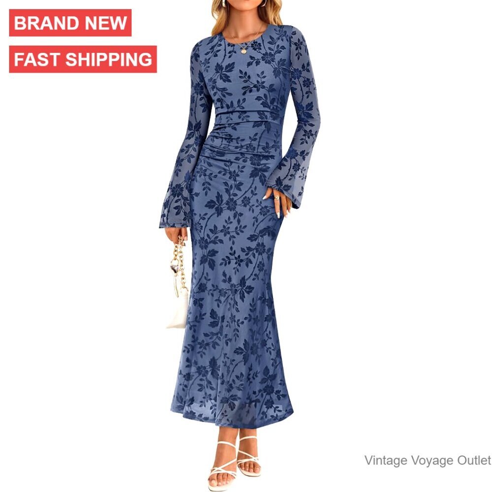 Long Sleeve Floral Bodycon Maxi Dress Ruched Mesh Wedding Guest Cocktail